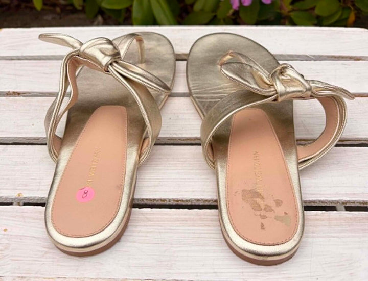 Stuart Weitzman Gold Metallic Thong Knot Tie Sandals - Size 8