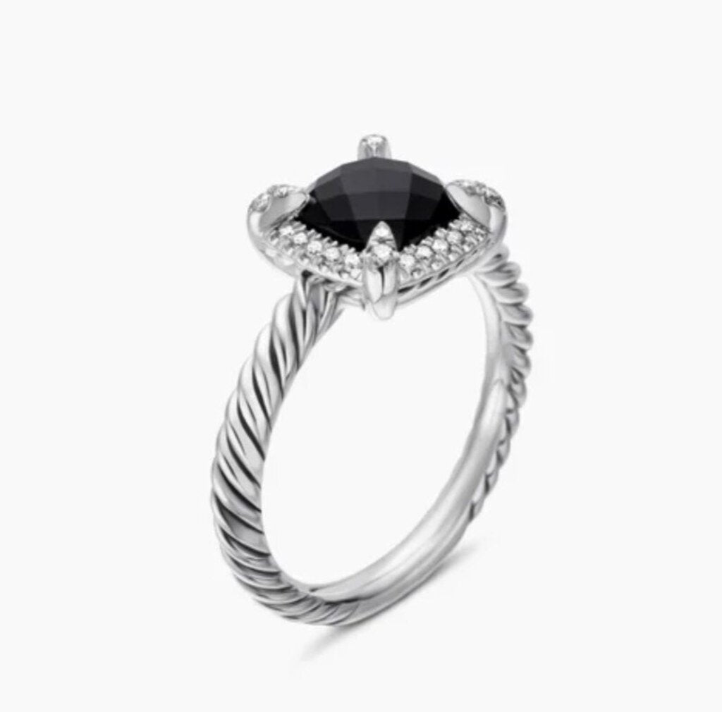David Yurman Petite Chatelaine Pave Bezel Onxy Diamond Ring - Size 5