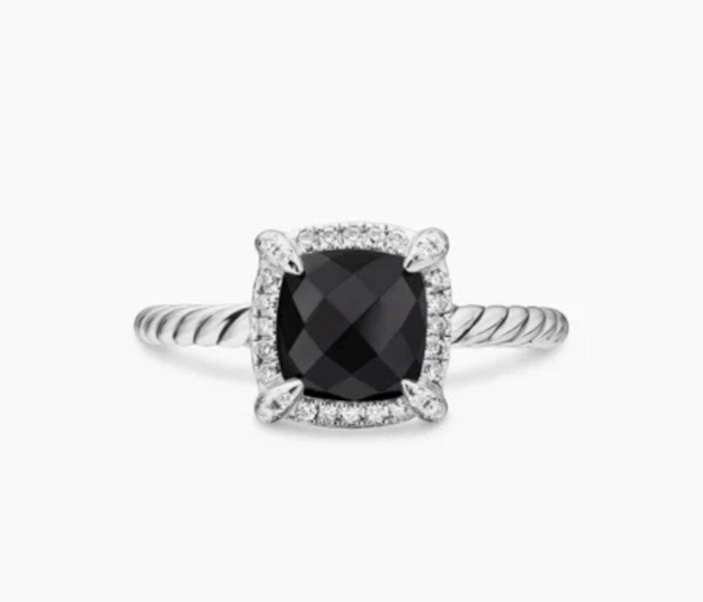 David Yurman Petite Chatelaine Pave Bezel Onxy Diamond Ring - Size 5