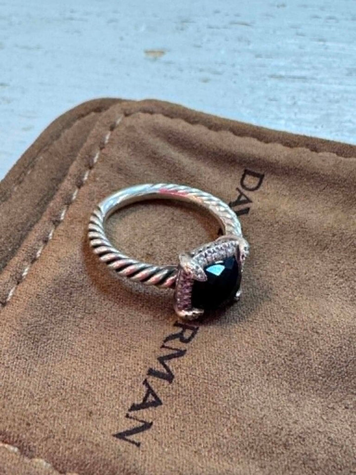 David Yurman Petite Chatelaine Pave Bezel Onxy Diamond Ring - Size 5