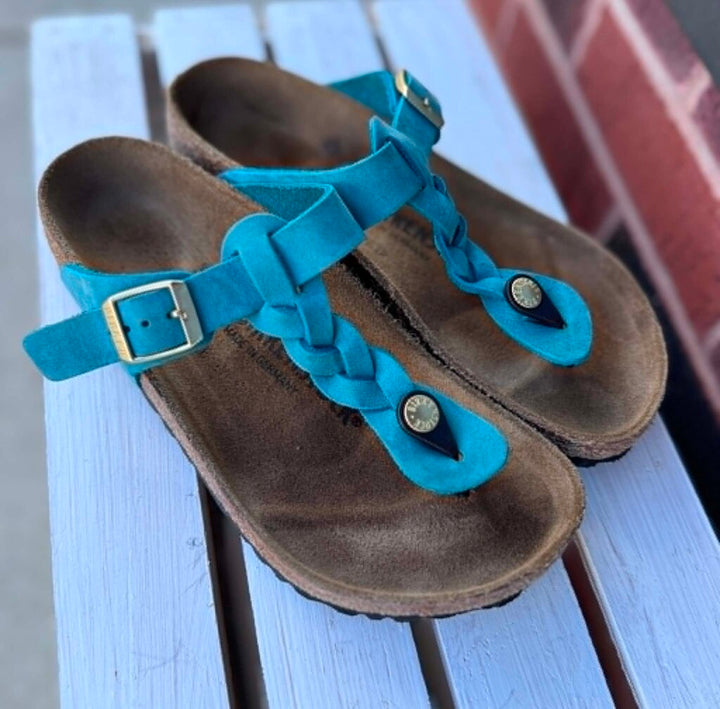 Birkenstock Gizeh Braided Oiled Leather Sandals In Biscay Bay - Size 36
