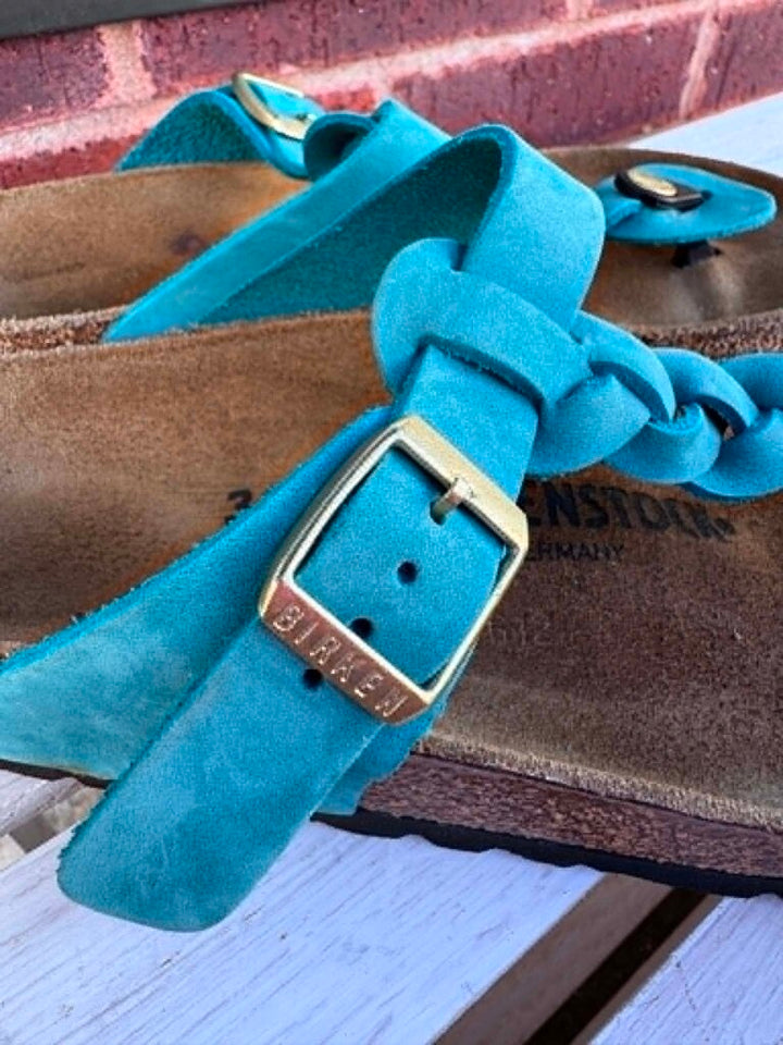 Birkenstock Gizeh Braided Oiled Leather Sandals In Biscay Bay - Size 36