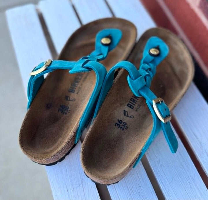 Birkenstock Gizeh Braided Oiled Leather Sandals In Biscay Bay - Size 36