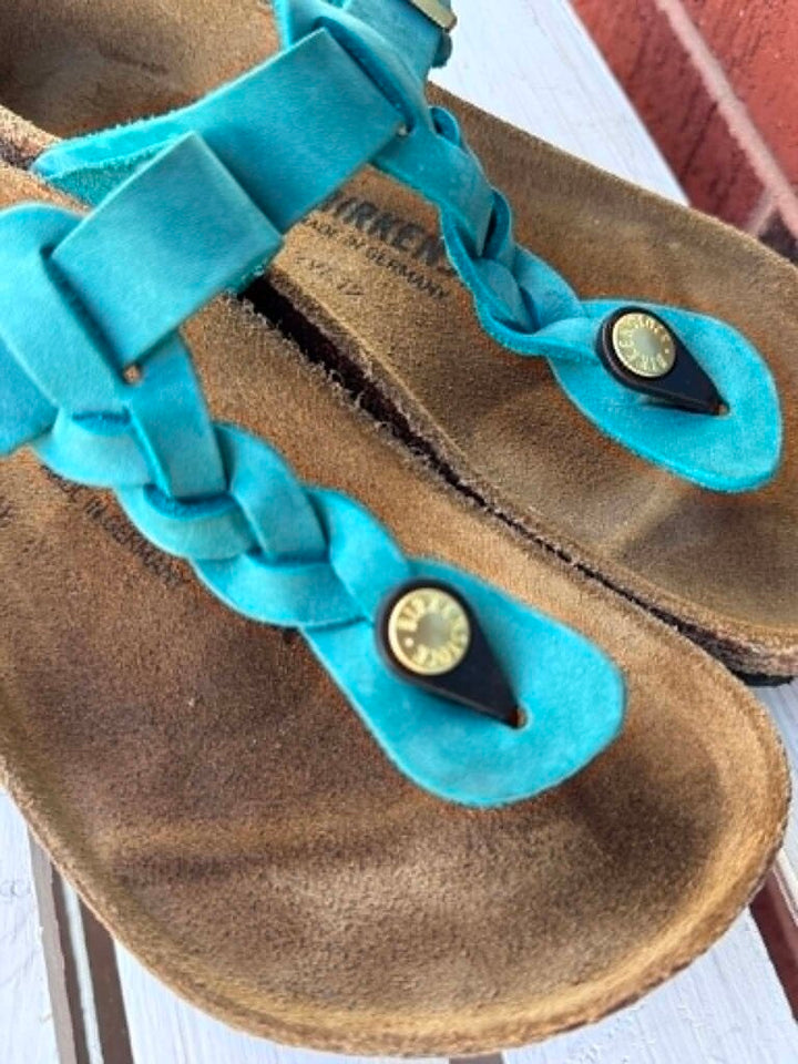 Birkenstock Gizeh Braided Oiled Leather Sandals In Biscay Bay - Size 36
