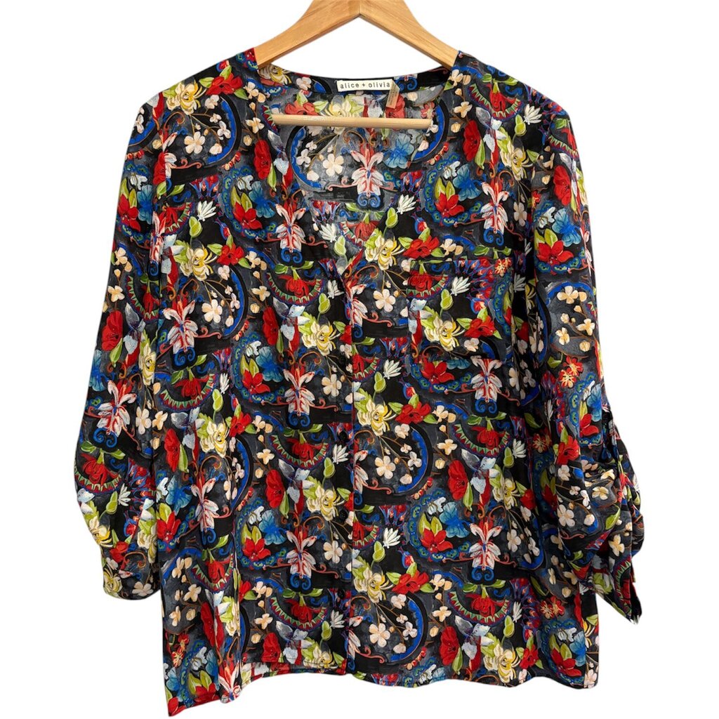 Alice + Olivia Colby Silk Island Watercolor Blouse - Size Medium
