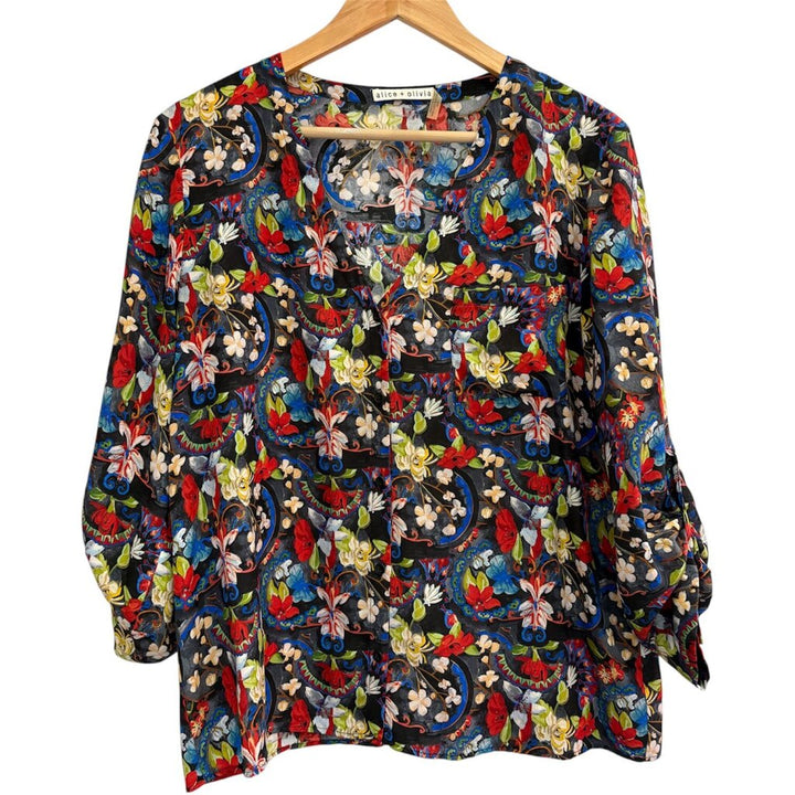 Alice + Olivia Colby Silk Island Watercolor Blouse - Size Medium