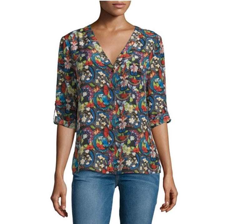 Alice + Olivia Colby Silk Island Watercolor Blouse - Size Medium