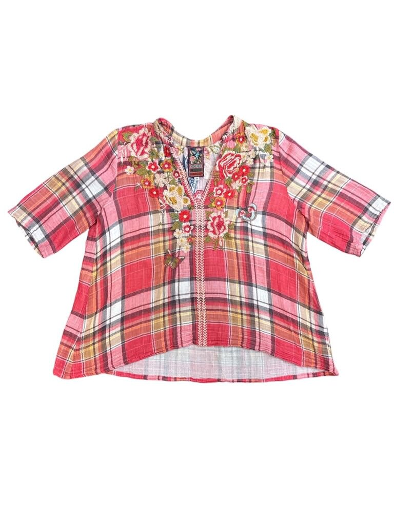 Johnny Was Embroidered Plaid Hi Low Top - Size Medium