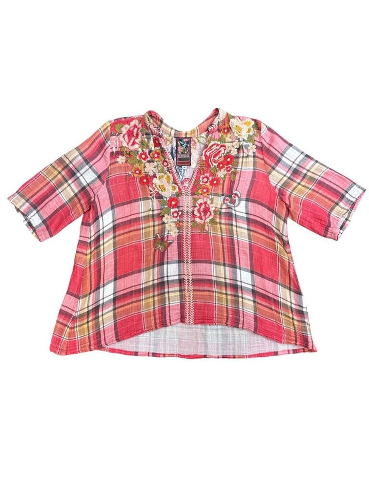 Johnny Was Embroidered Plaid Hi Low Top - Size Medium