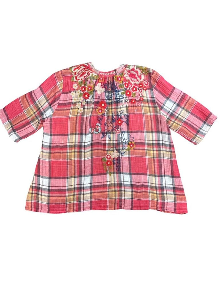 Johnny Was Embroidered Plaid Hi Low Top - Size Medium