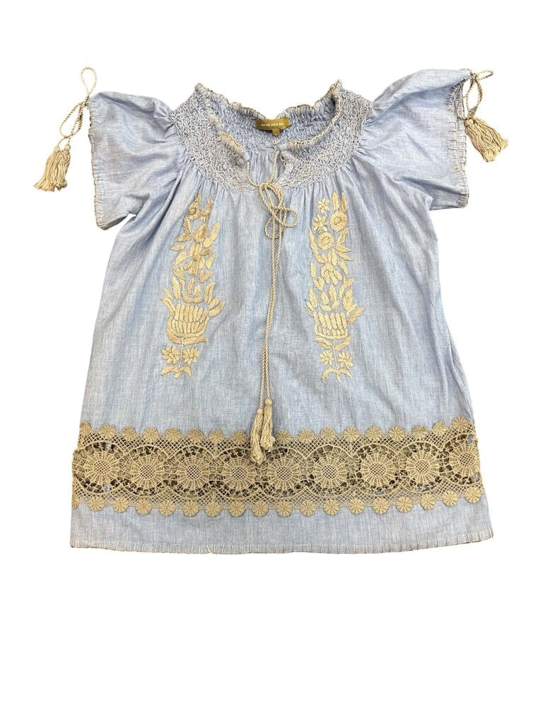 Rose And Rose Embroidered Crochet Tassel Peasant Top - Size Medium