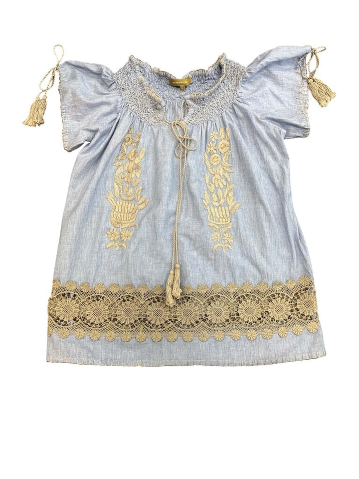 Rose And Rose Embroidered Crochet Tassel Peasant Top - Size Medium