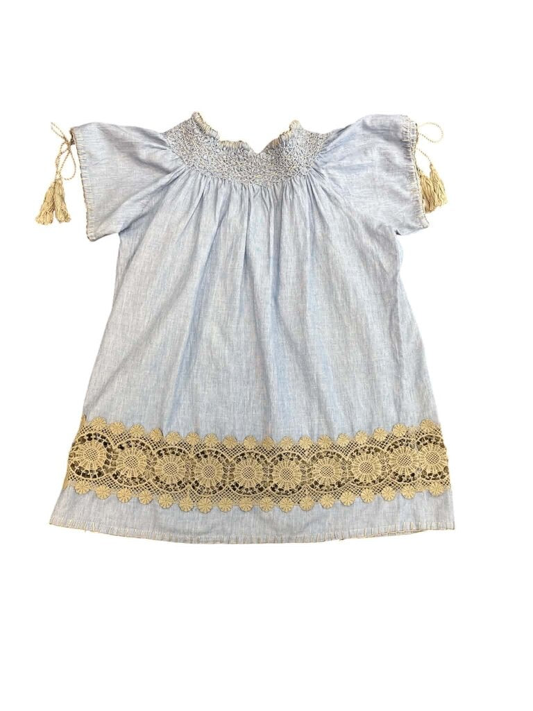 Rose And Rose Embroidered Crochet Tassel Peasant Top - Size Medium