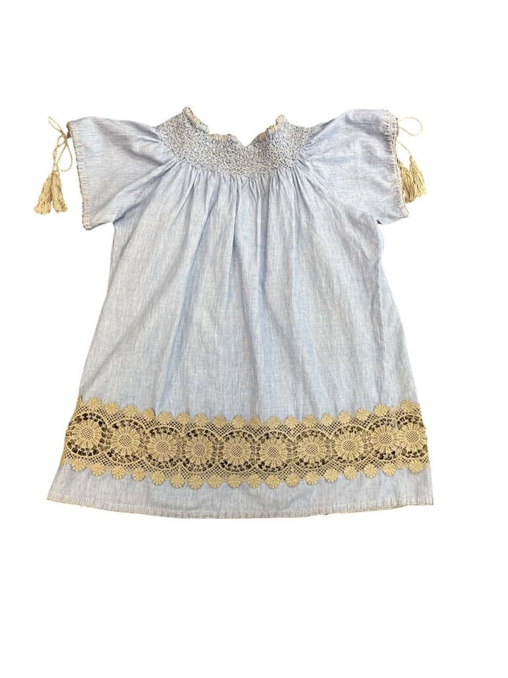 Rose And Rose Embroidered Crochet Tassel Peasant Top - Size Medium