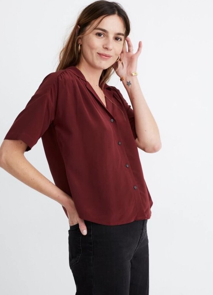 Madewell Silk Camp Shirt In Dark Cabernet - Size Medium