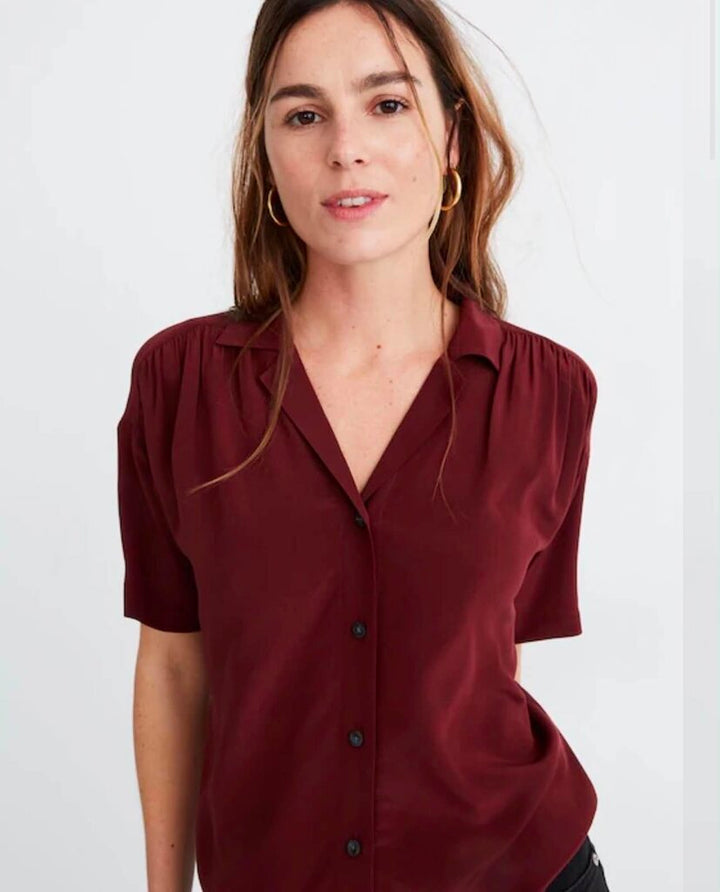 Madewell Silk Camp Shirt In Dark Cabernet - Size Medium
