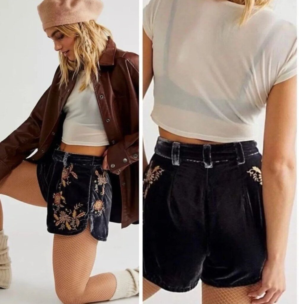 Free People NWT Wild Roses Embroidered Velvet Shorts - Size 4 (Retails for $198)
