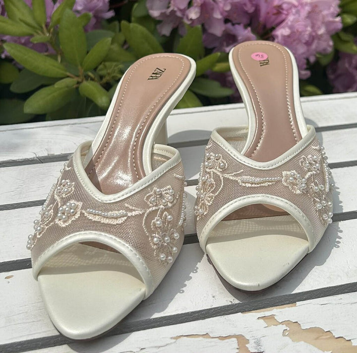 Zara Embroidered Embellished Mesh Sandal Heels - Size 36