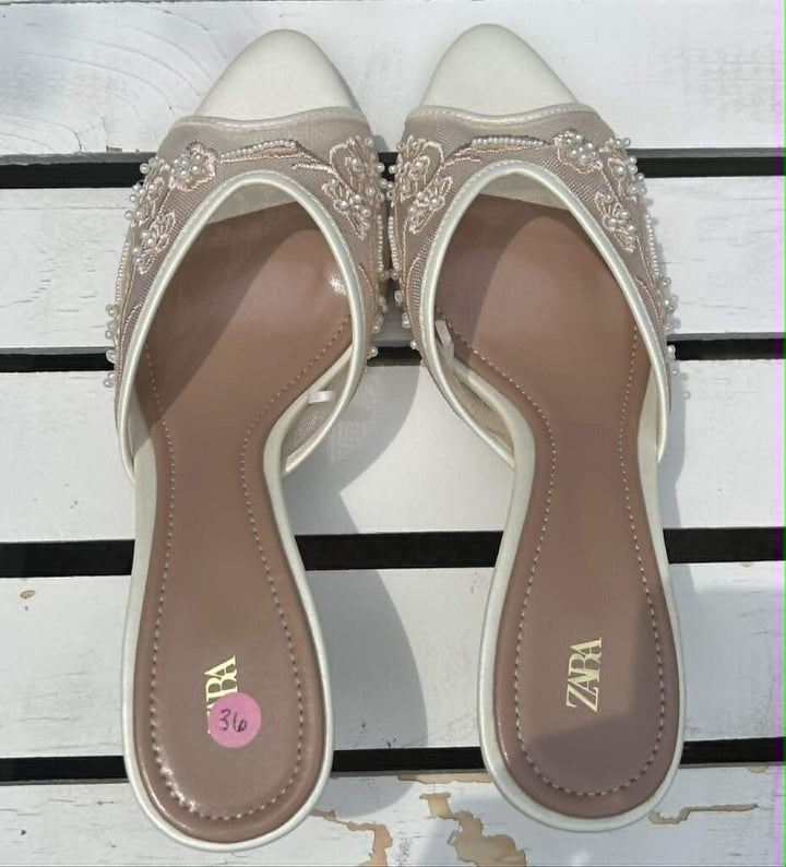 Zara Embroidered Embellished Mesh Sandal Heels - Size 36