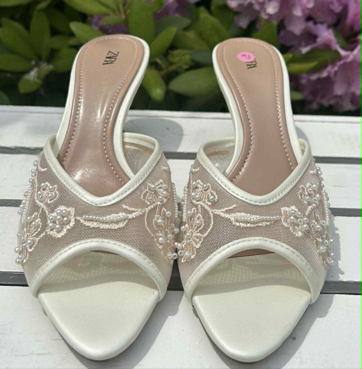 Zara Embroidered Embellished Mesh Sandal Heels - Size 36