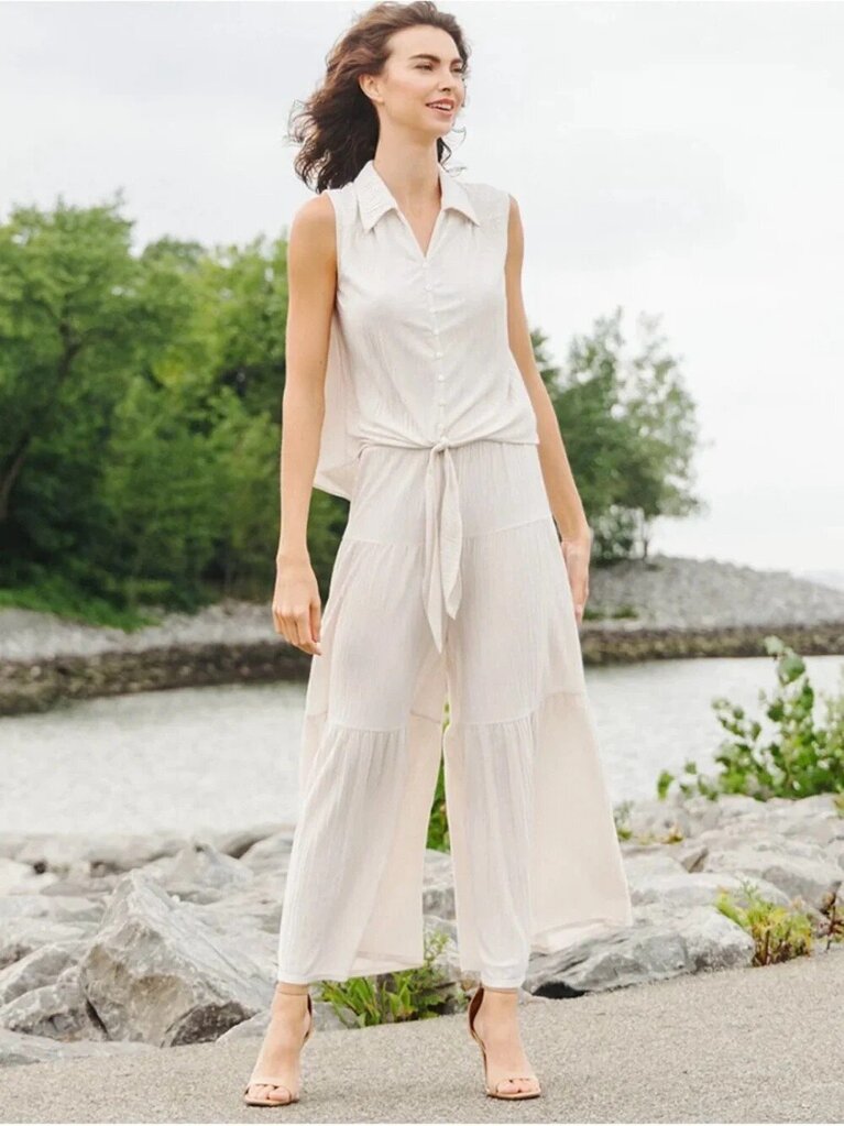 Clara Sun Woo Soft Pleat Knit Tiered Skirt-Pant in Ivory - Size Large (Retails for $135)
