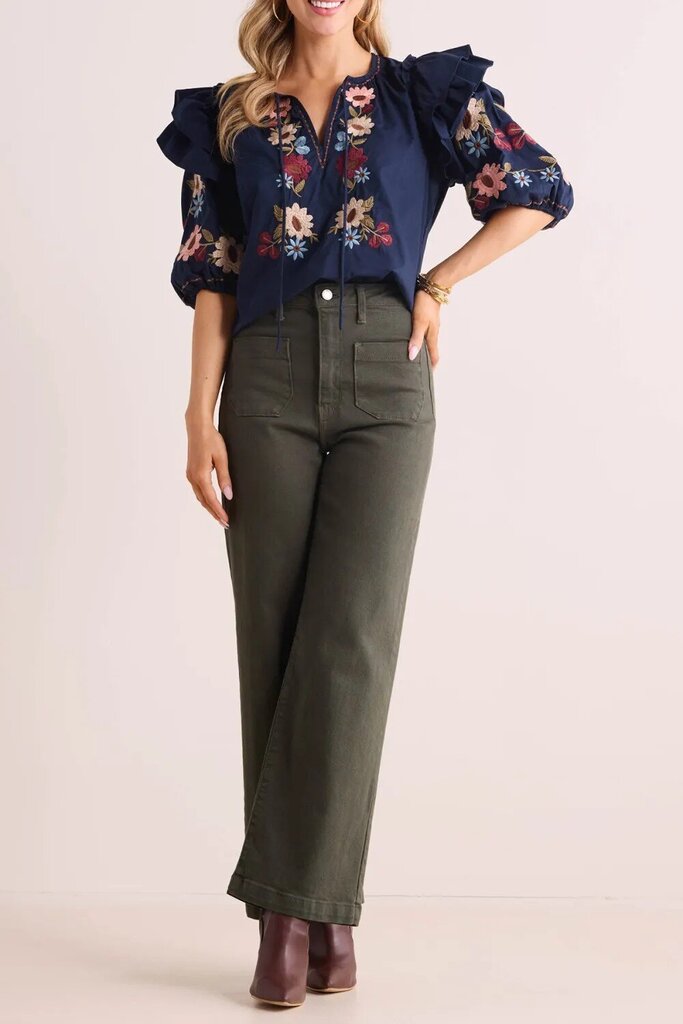 Mable Floral Embroidered Ruffled Sleeve Top - Size Small