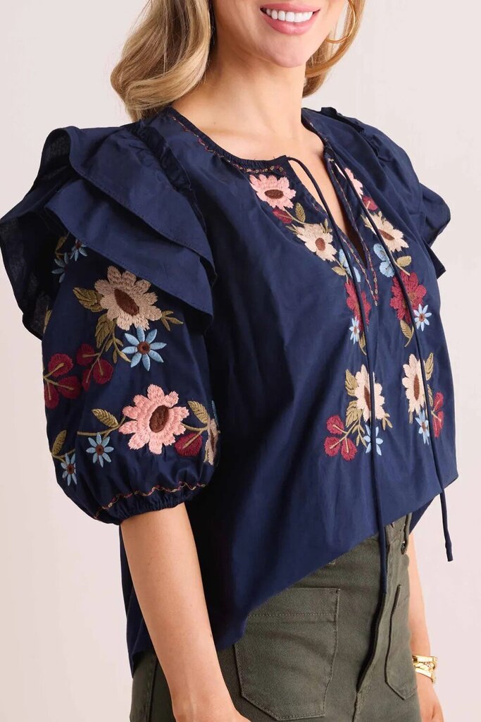 Mable Floral Embroidered Ruffled Sleeve Top - Size Small