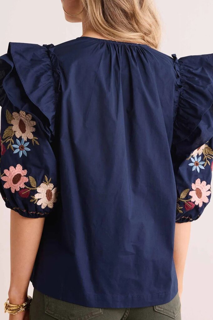 Mable Floral Embroidered Ruffled Sleeve Top - Size Small
