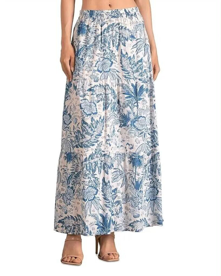 Elan Blue Floral Tiered Maxi Skirt - Size Large