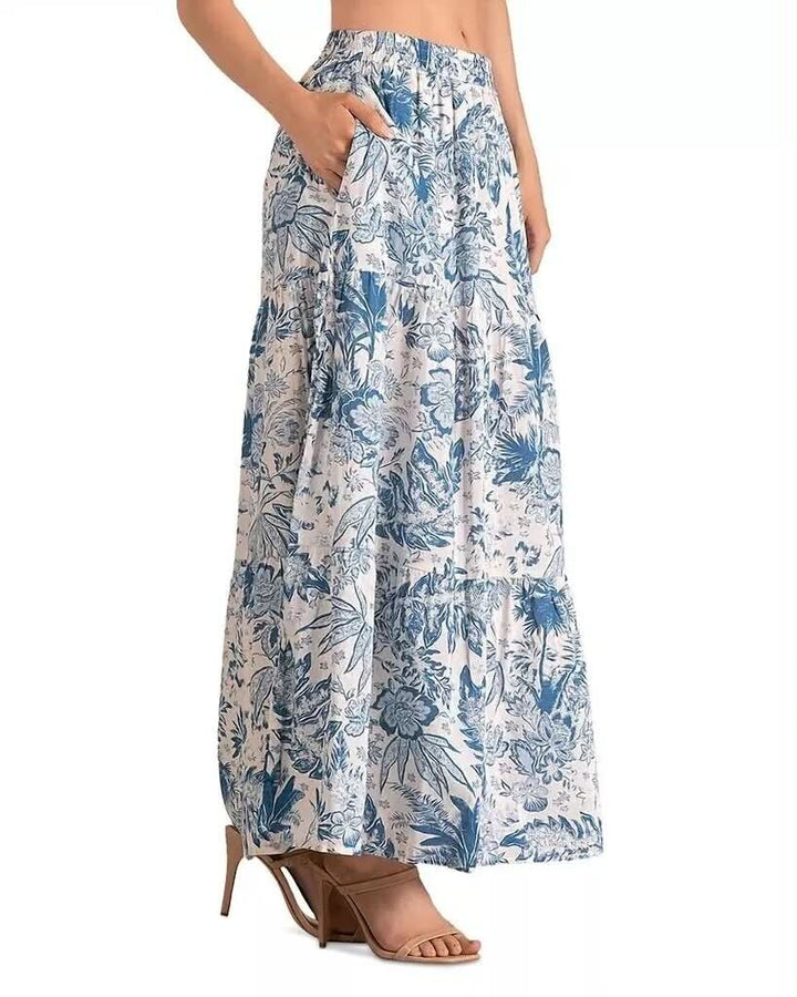 Elan Blue Floral Tiered Maxi Skirt - Size Large