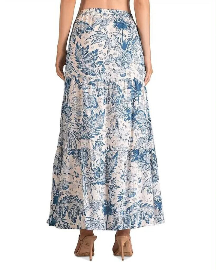 Elan Blue Floral Tiered Maxi Skirt - Size Large