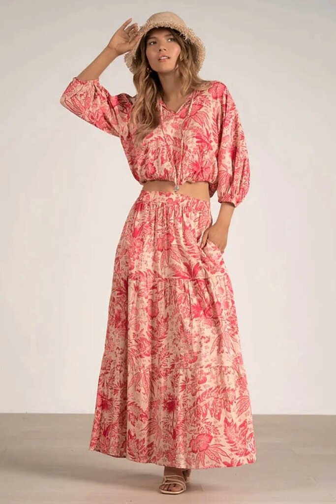 Elan Pink Ibiza Voile Leaf Print Maxi Skirt - Size Large