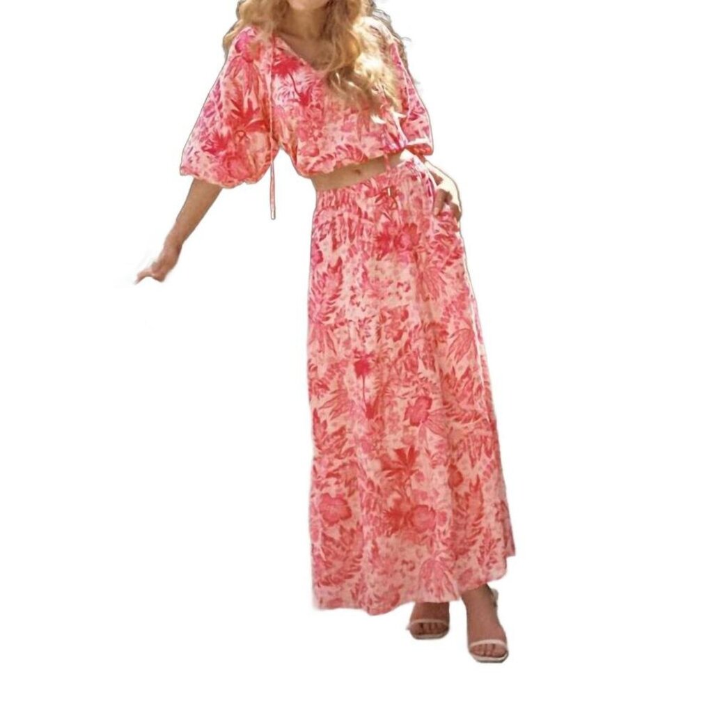 Elan Pink Ibiza Voile Leaf Print Maxi Skirt - Size Large