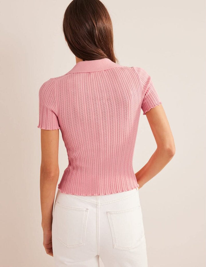 Boden NWT Ribbed Pointelle Collared Top in Dahlia - Size Medium (Retails for $75)