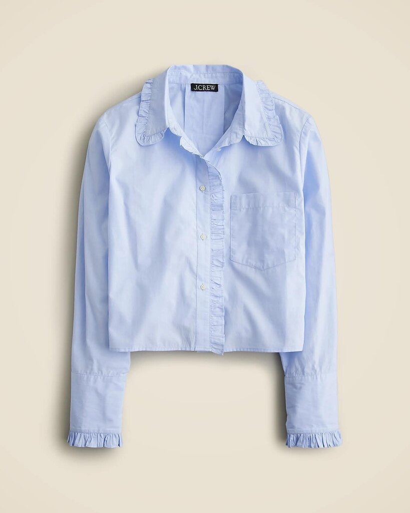 J Crew Ruffle Trim Button-up Top in Cotton Poplin - Size Large