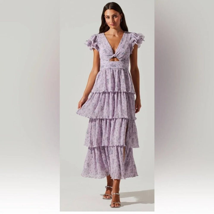 ASTR Emporia Floral Pleated Tiered Midi Dress in Purple - Size Small