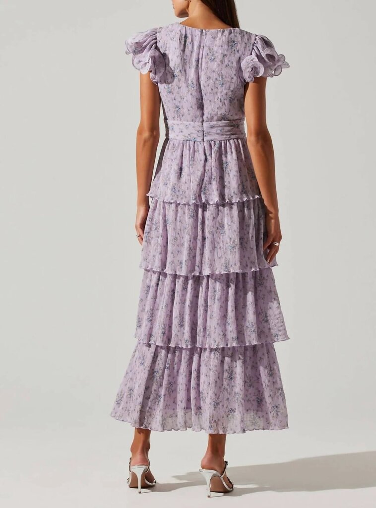 ASTR Emporia Floral Pleated Tiered Midi Dress in Purple - Size Small