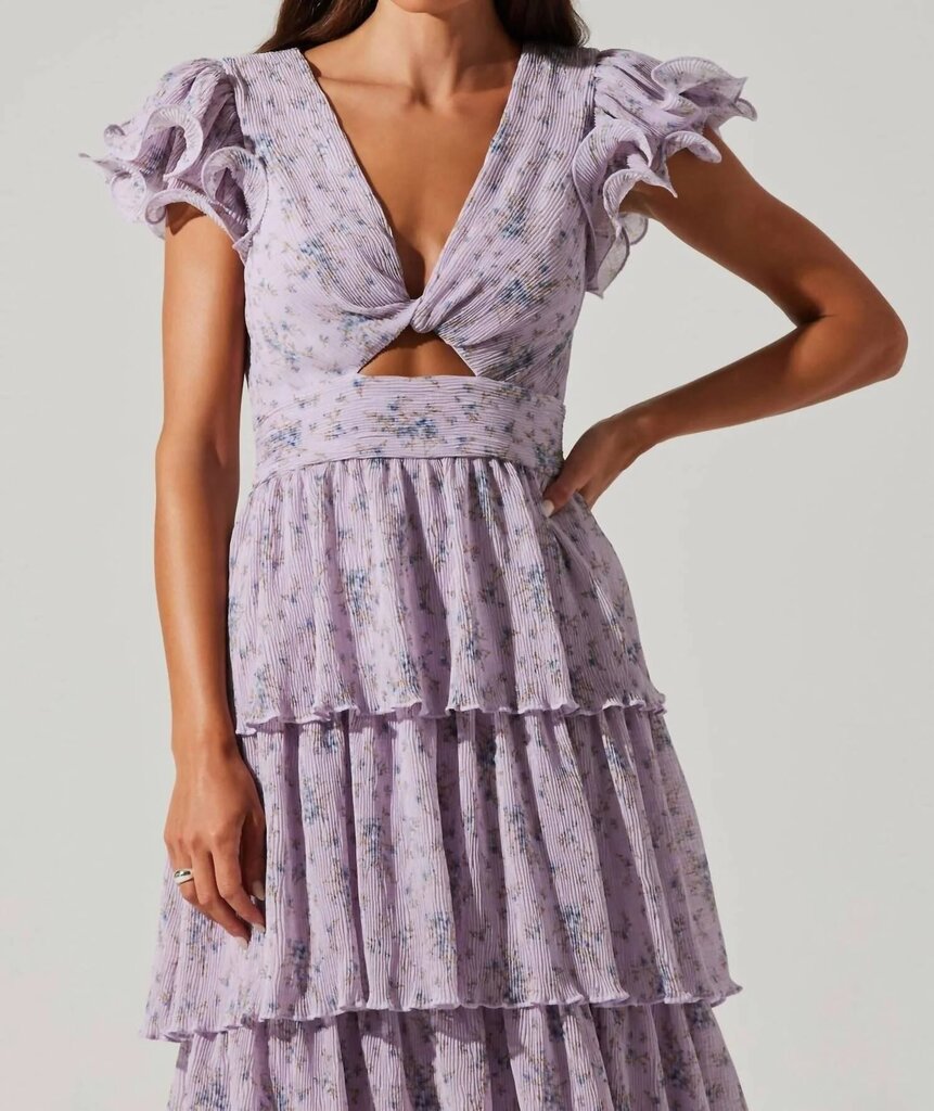 ASTR Emporia Floral Pleated Tiered Midi Dress in Purple - Size Small