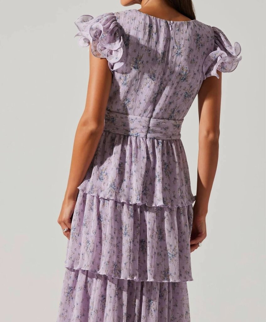 ASTR Emporia Floral Pleated Tiered Midi Dress in Purple - Size Small