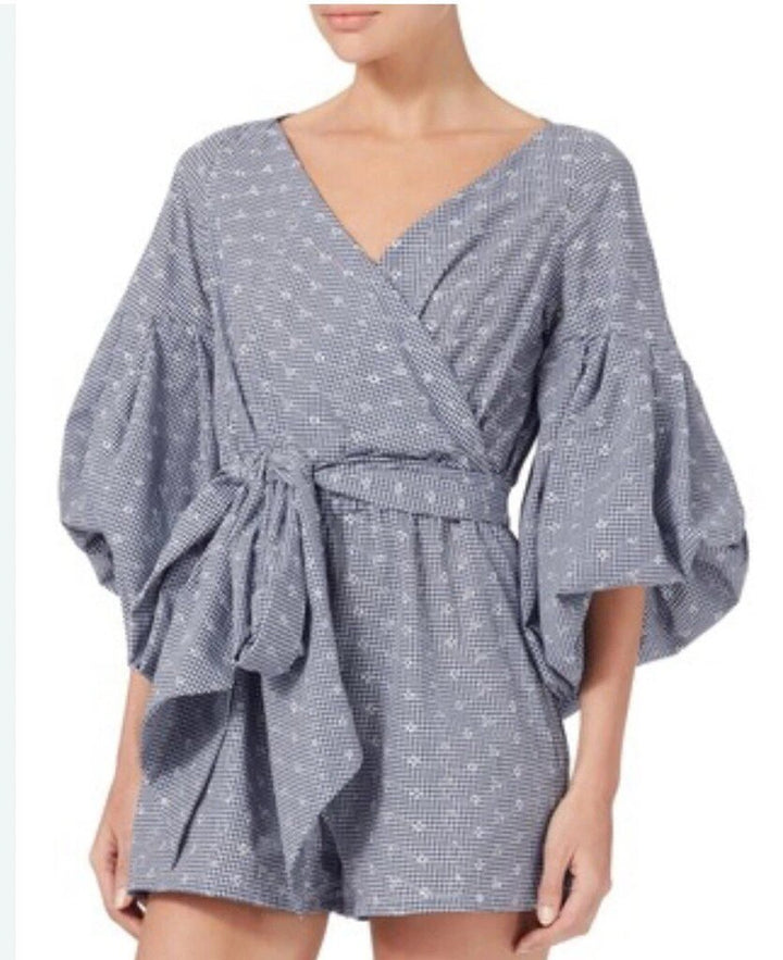 Alexis Embroidered Gingham Tie-Front Romper - Size XS