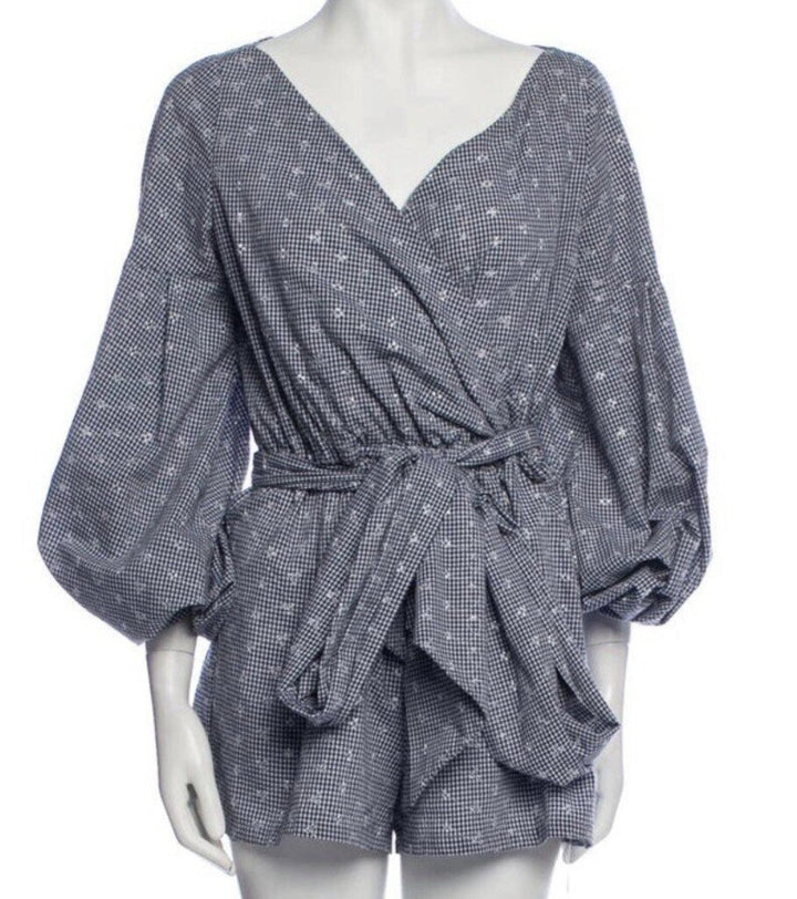 Alexis Embroidered Gingham Tie-Front Romper - Size XS