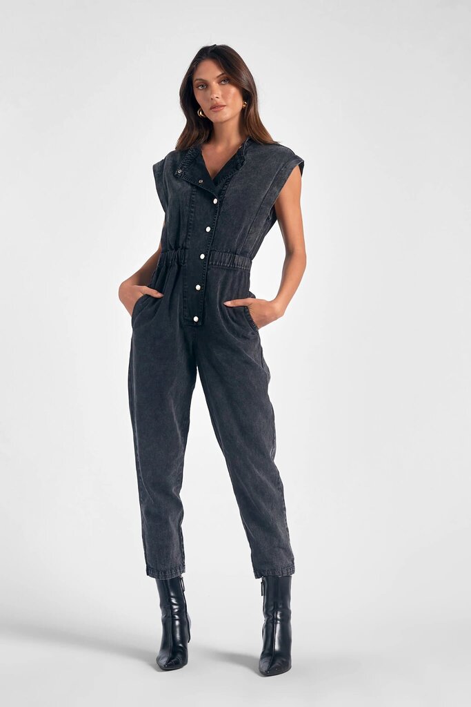 Elan Vintage Wash Denim Jumpsuit in Black - Size Large