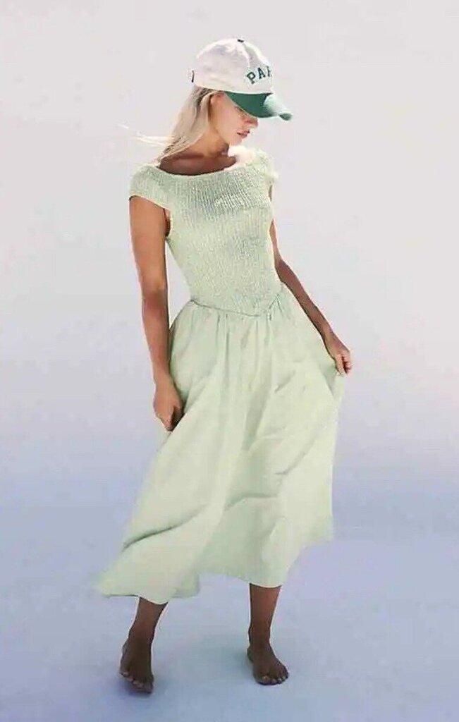Free People Ceci Smocked Cotton Midi Dress In Mint - Size Medium
