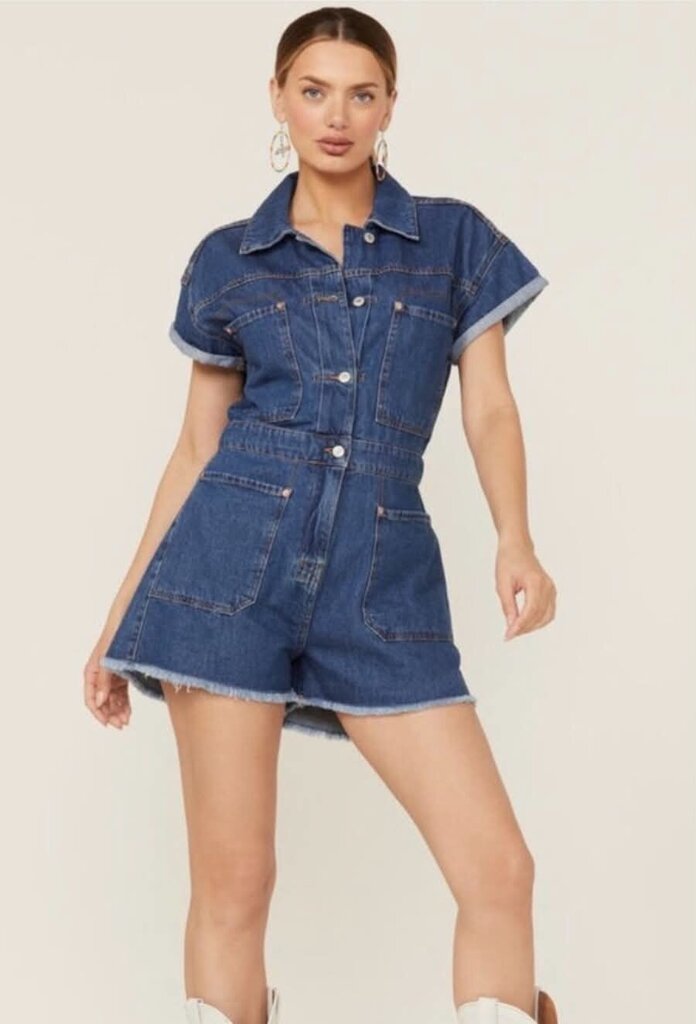 Free People We The Free Work Hard Play Hard Denim Romper - Size Large