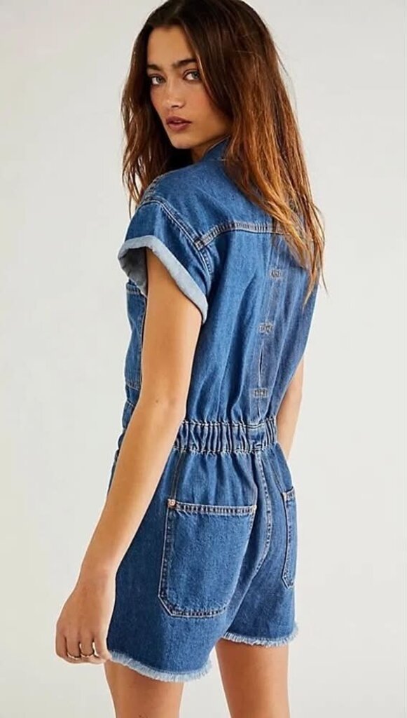Free People We The Free Work Hard Play Hard Denim Romper - Size Large