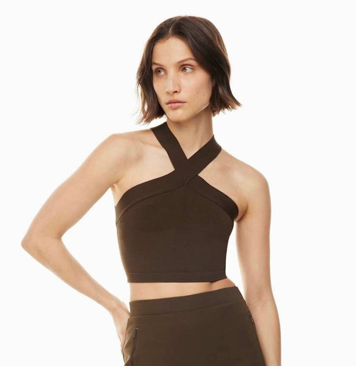 Babaton Aritzia Sculpt Knit Cross Cropped Tank in Coffee Bean - Size Small