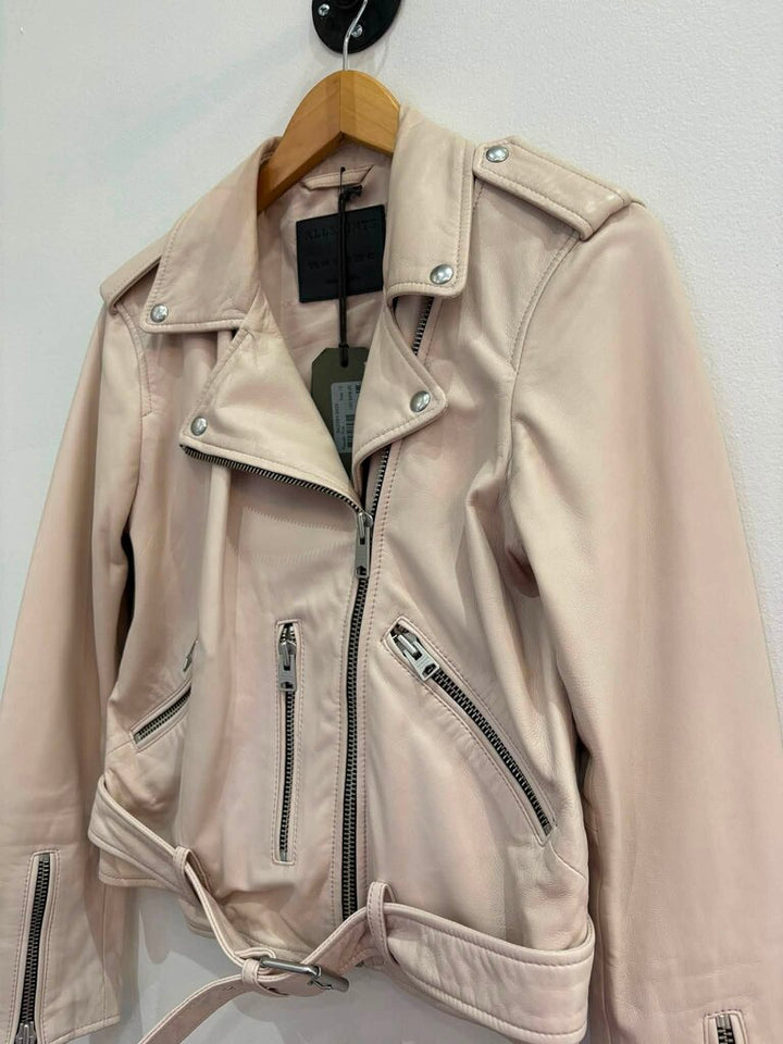 All Saints NWT Balfern Biker Leather Jacket in Powder Pink - Size 10 (Retails for $489)