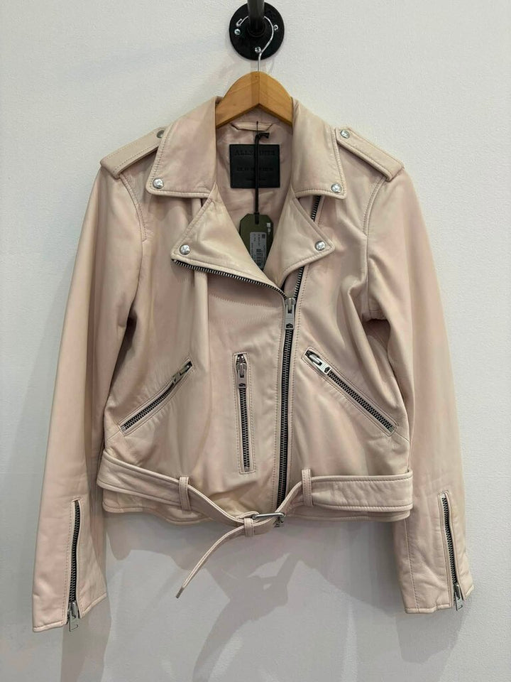 All Saints NWT Balfern Biker Leather Jacket in Powder Pink - Size 10 (Retails for $489)