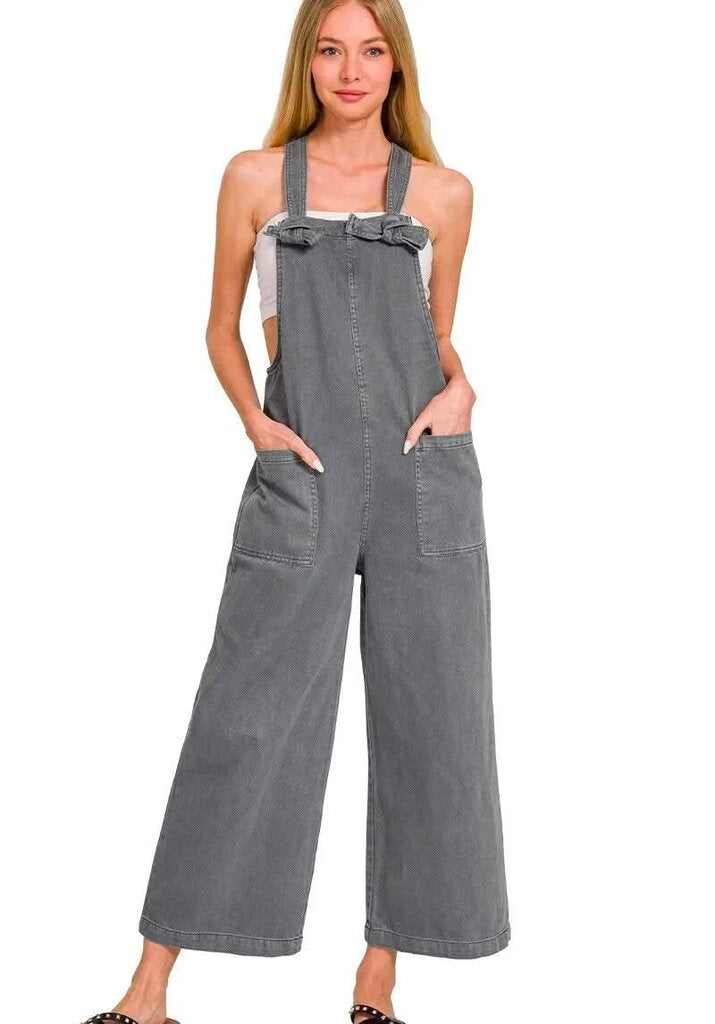 Zenana NWT Washed Knot Strap Pockets Overalls in Charcoal - Size Small