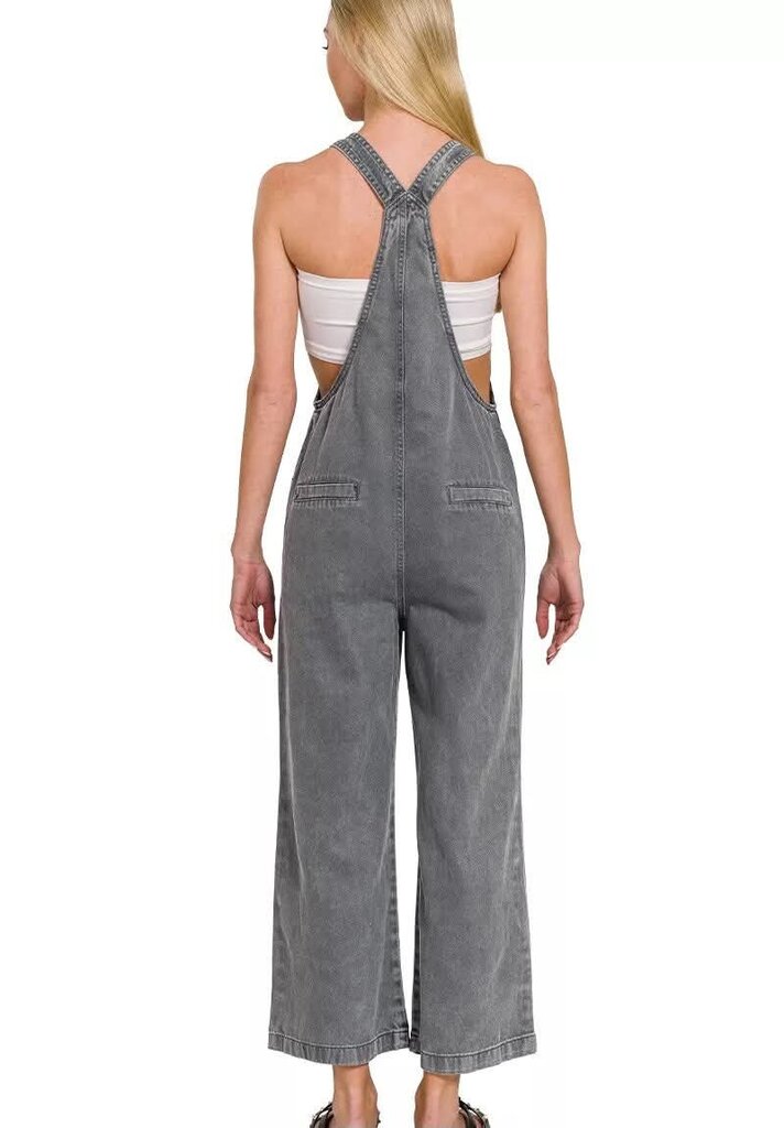 Zenana NWT Washed Knot Strap Pockets Overalls in Charcoal - Size Small
